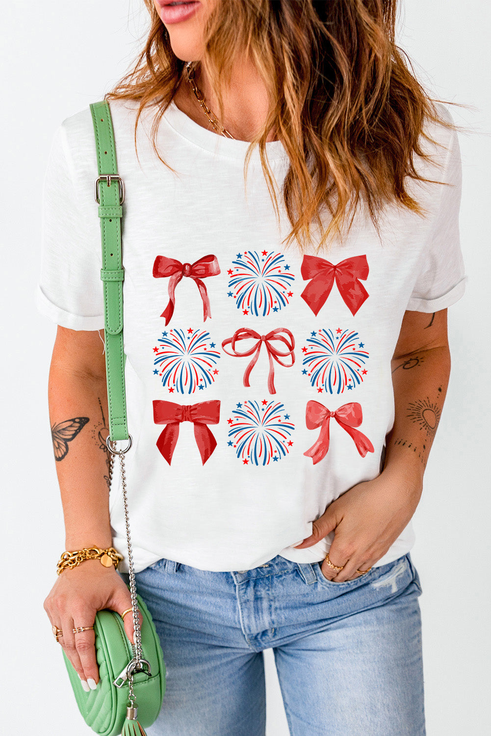 White July 4th Celerbration Bowknot Firework Graphic Tee Graphic Tees JT's Designer Fashion