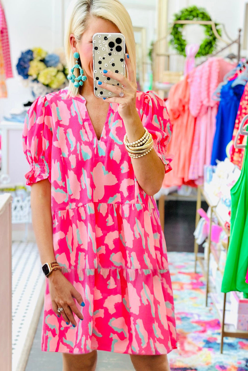 Pink Abstract Printed V Neck Loose Dress Pre Order Dresses JT's Designer Fashion