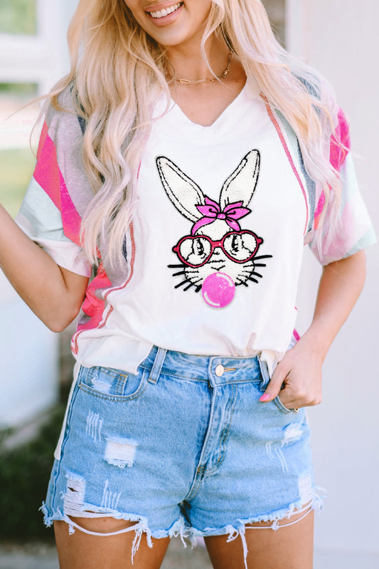 White Easter Rabbit Striped Sleeve Loose Tee Graphic Tees JT's Designer Fashion