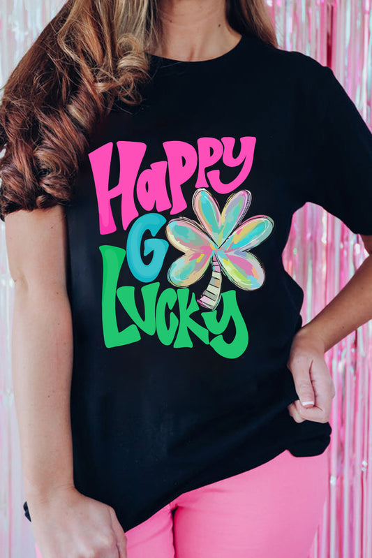 Black Happy GO Lucky Clover Print Crew Neck T Shirt Graphic Tees JT's Designer Fashion