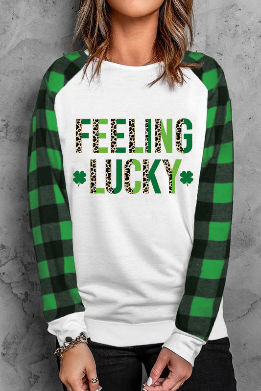 Green FEELING LUCKY Graphic Buffalo Plaid Top Graphic Sweatshirts JT's Designer Fashion