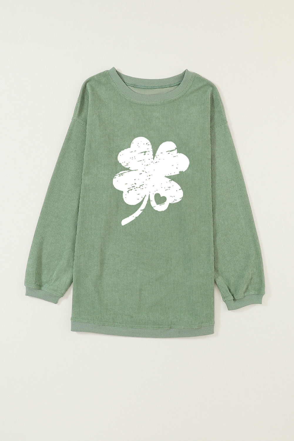 Grass Green Distressed Clover Print St Patricks Corded Sweatshirt Graphic Sweatshirts JT's Designer Fashion