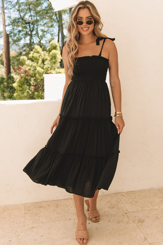 Black Tie Strap Smocked Frill Tiered Midi Dress Midi Dresses JT's Designer Fashion