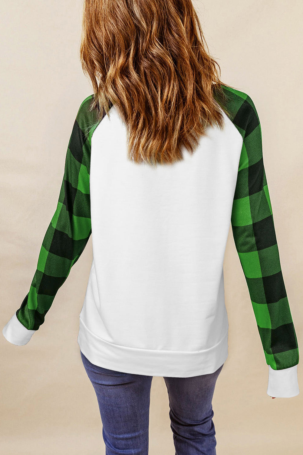 Green Plaid Clover Color Block Long Sleeve Sweatshirt Graphic Sweatshirts JT's Designer Fashion
