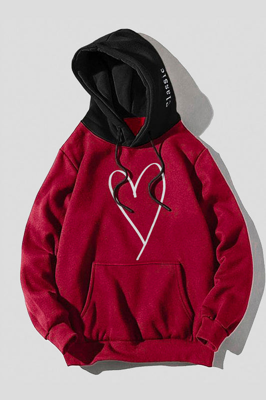 Burgundy Men Colorblock Heart Shape Print Pocketed Hoodie Red 100%polyester Men's Tops JT's Designer Fashion