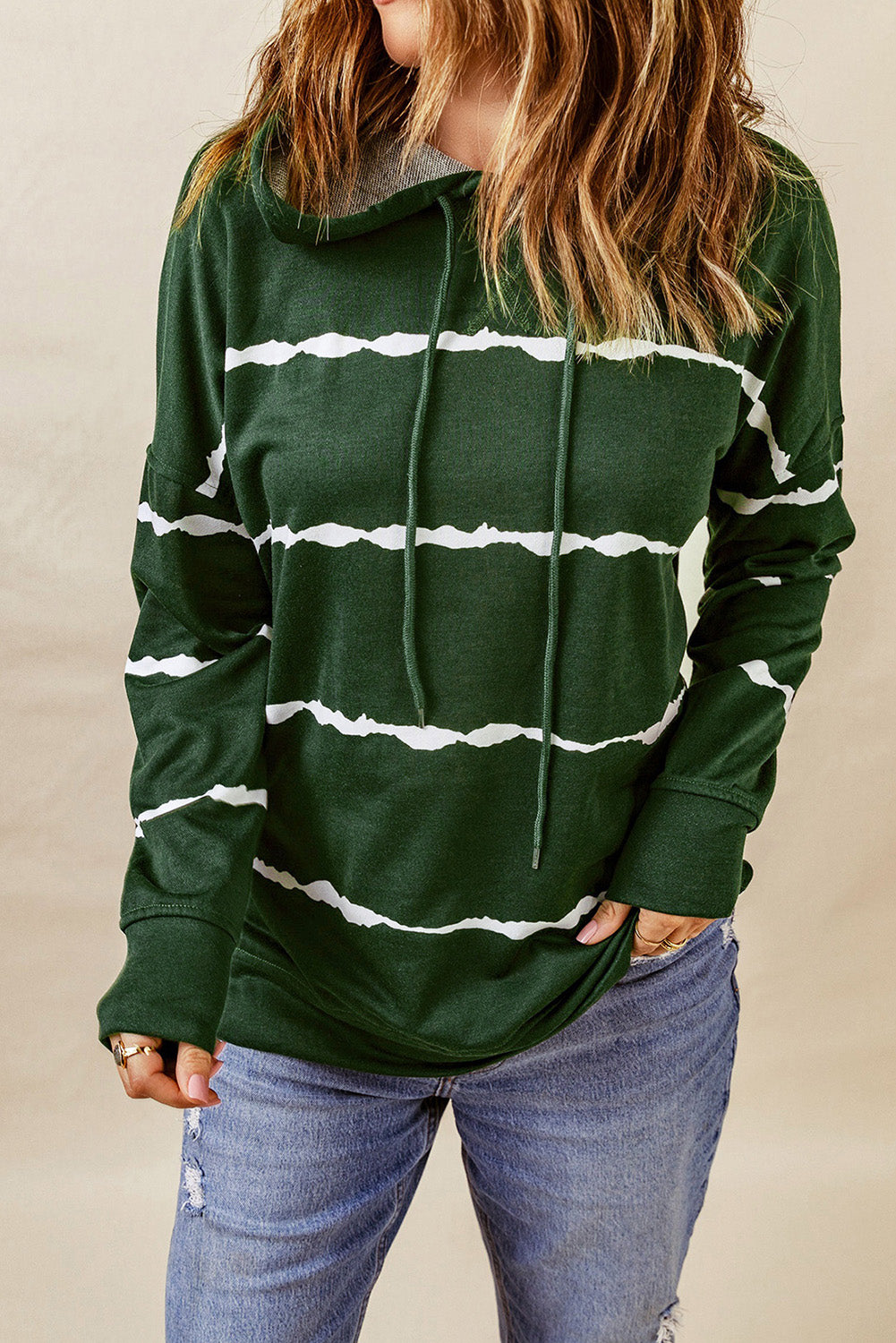 Green Tie-dye Striped Drawstring Hoodie with Side Split Tops Sweatshirts & Hoodies JT's Designer Fashion