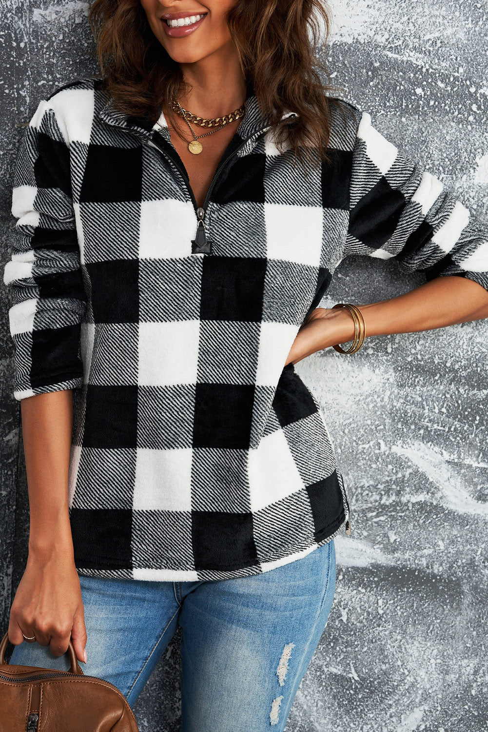 Black Plaid Print 1/4 Zip Turn-down Collar Sweatshirt Sweatshirts & Hoodies JT's Designer Fashion
