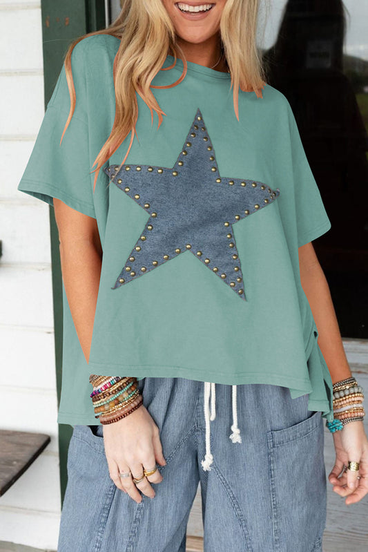 Clearly Aqua Mineral Wash Studded Star Patch Graphic High Low Tee Pre Order Tops JT's Designer Fashion