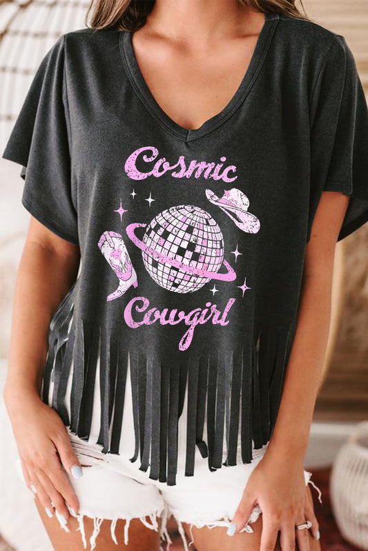 Black Cosmic Cowgirl Disco Ball Print Tasseled V Neck T Shirt Graphic Tees JT's Designer Fashion