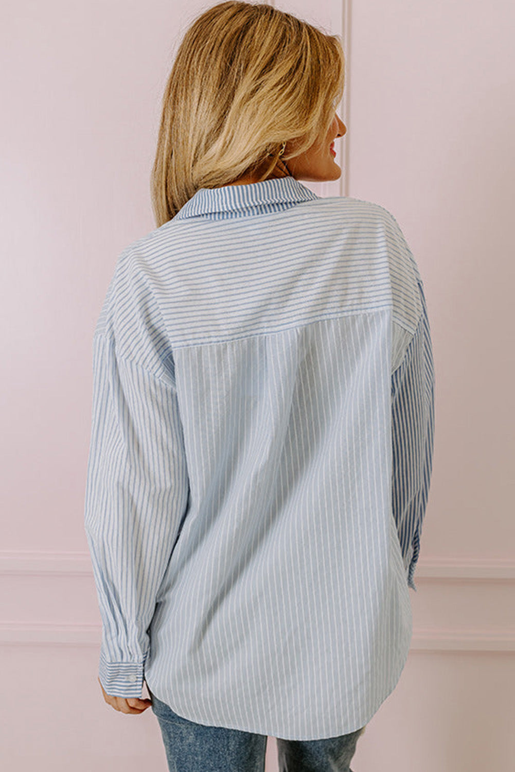 Sky Blue Stripe Patched Pocket Button Up Shirt Pre Order Tops JT's Designer Fashion
