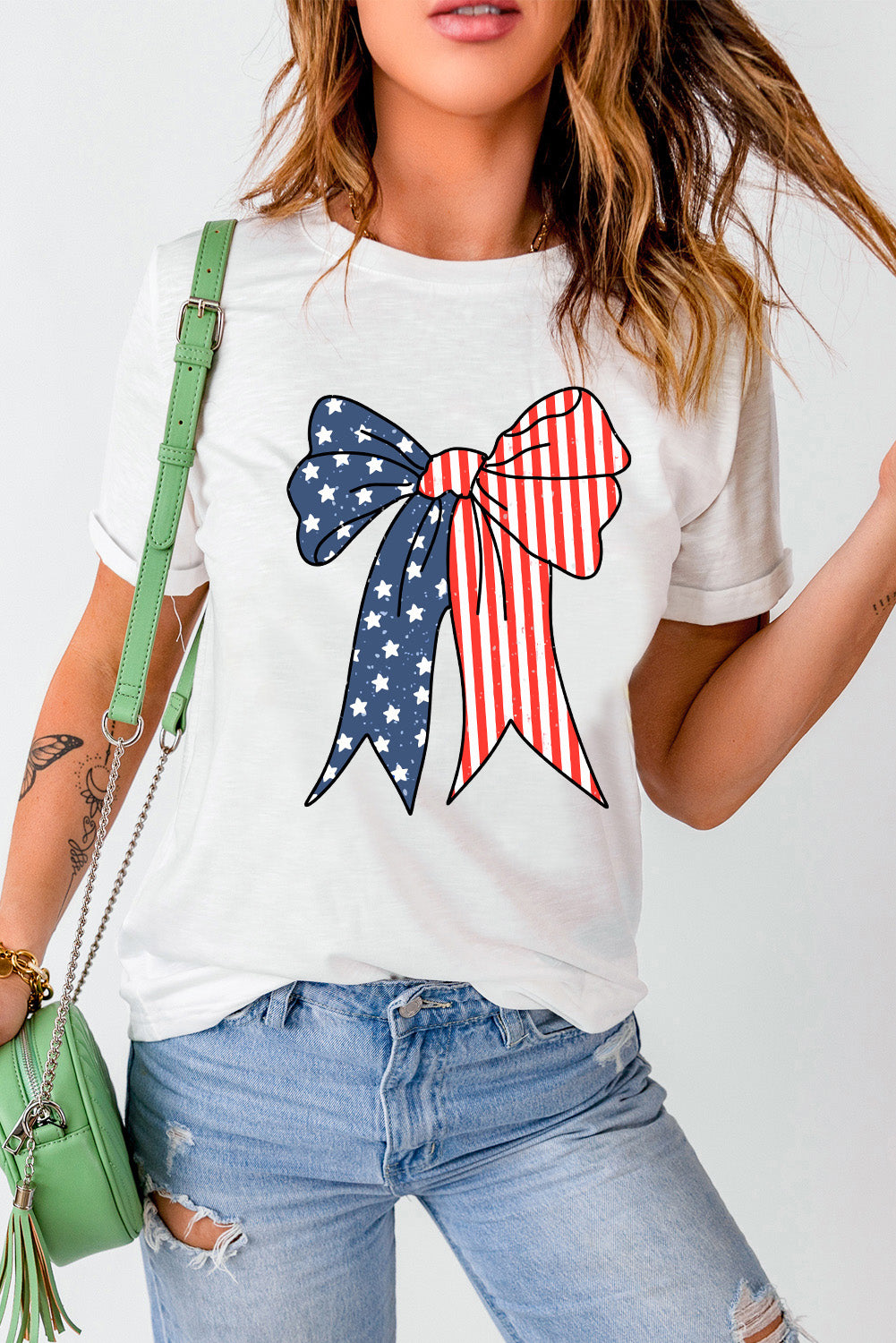 White American Flag Bow Knot Print Crew Neck Tee Graphic Tees JT's Designer Fashion