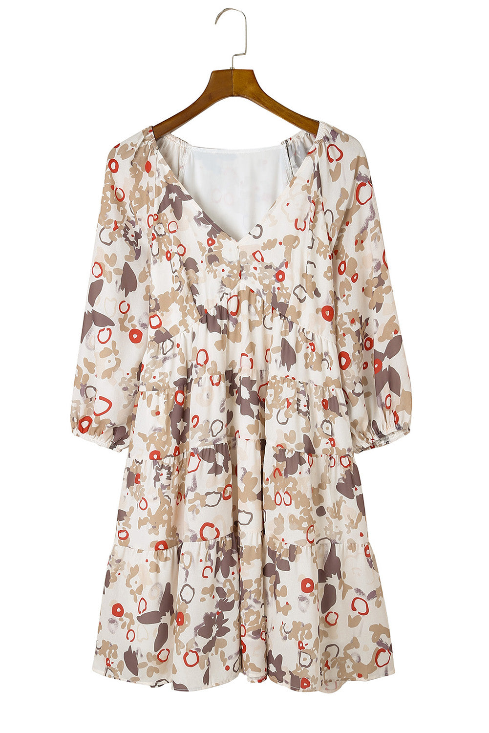 Apricot 3/4 Sleeves V Neck Print Tiered Flowy Short Dress Mini Dresses JT's Designer Fashion