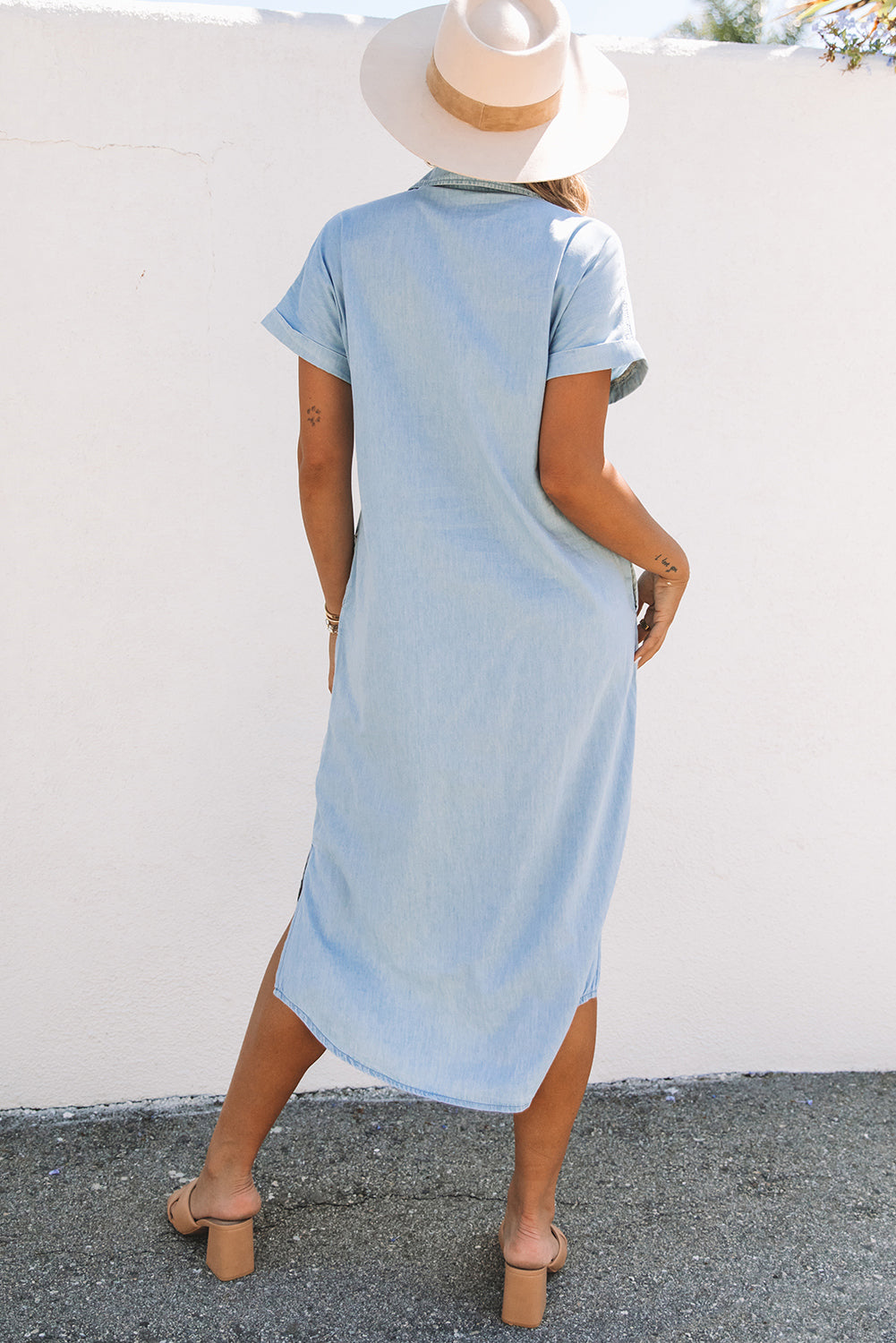 Sky Blue Chambray Shirt Short Sleeves Midi Dress Midi Dresses JT's Designer Fashion