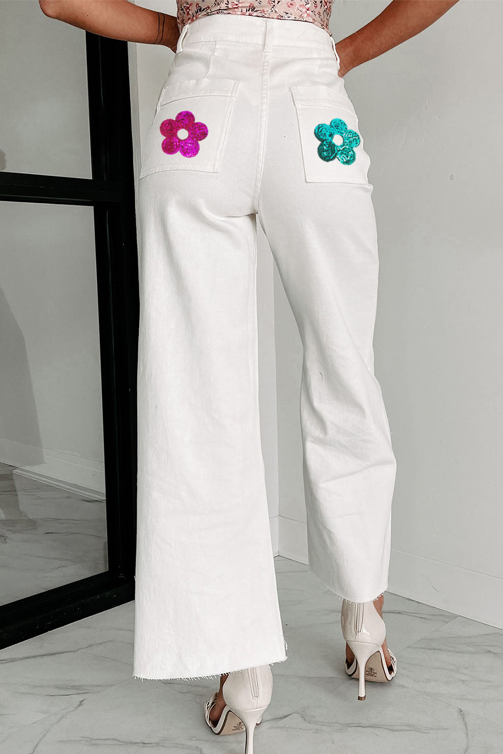 White High Rise Colorful Sequined Flower Flare Jeans Graphic Pants JT's Designer Fashion