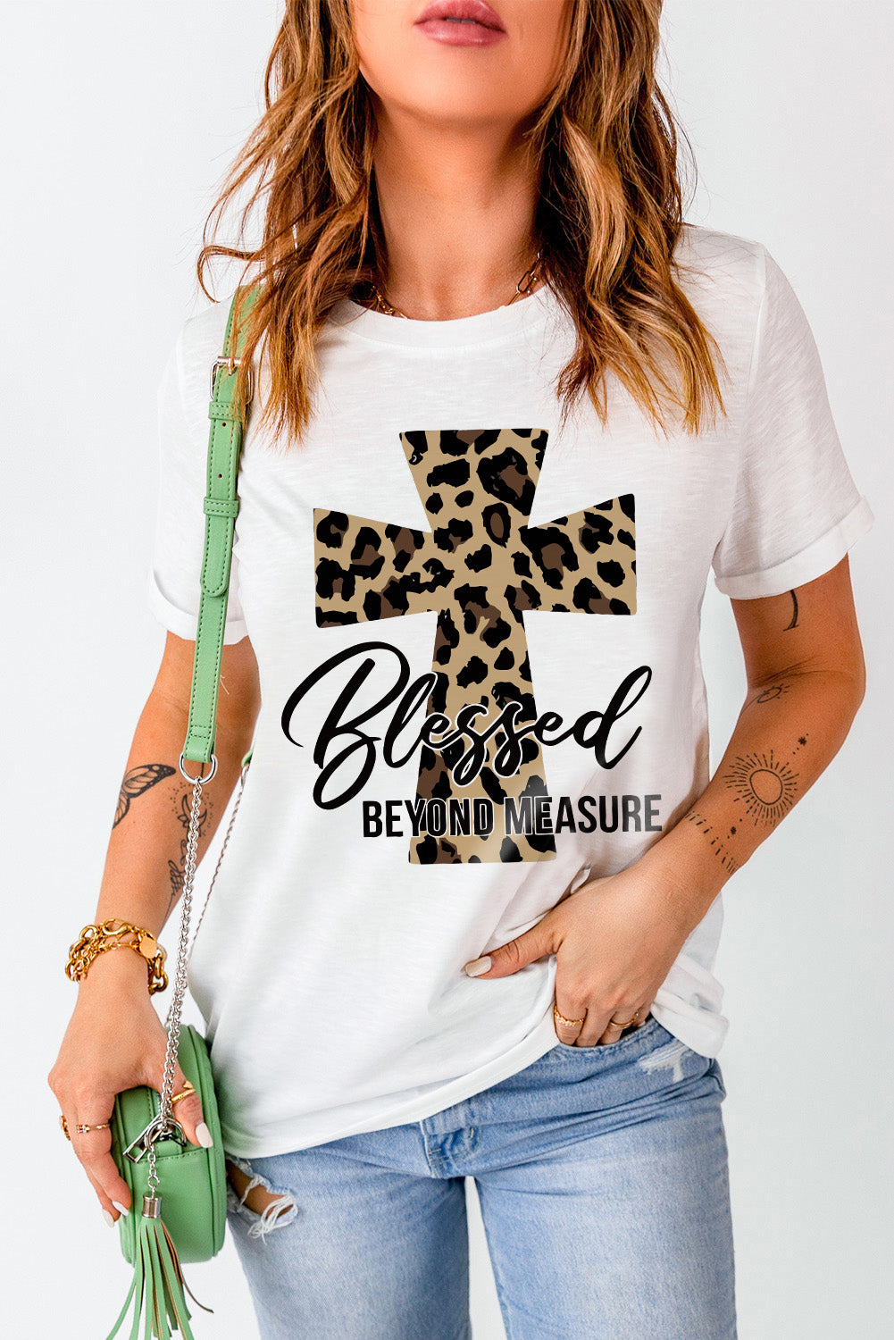 White Blessed Leopard Cross Graphic T Shirt Graphic Tees JT's Designer Fashion