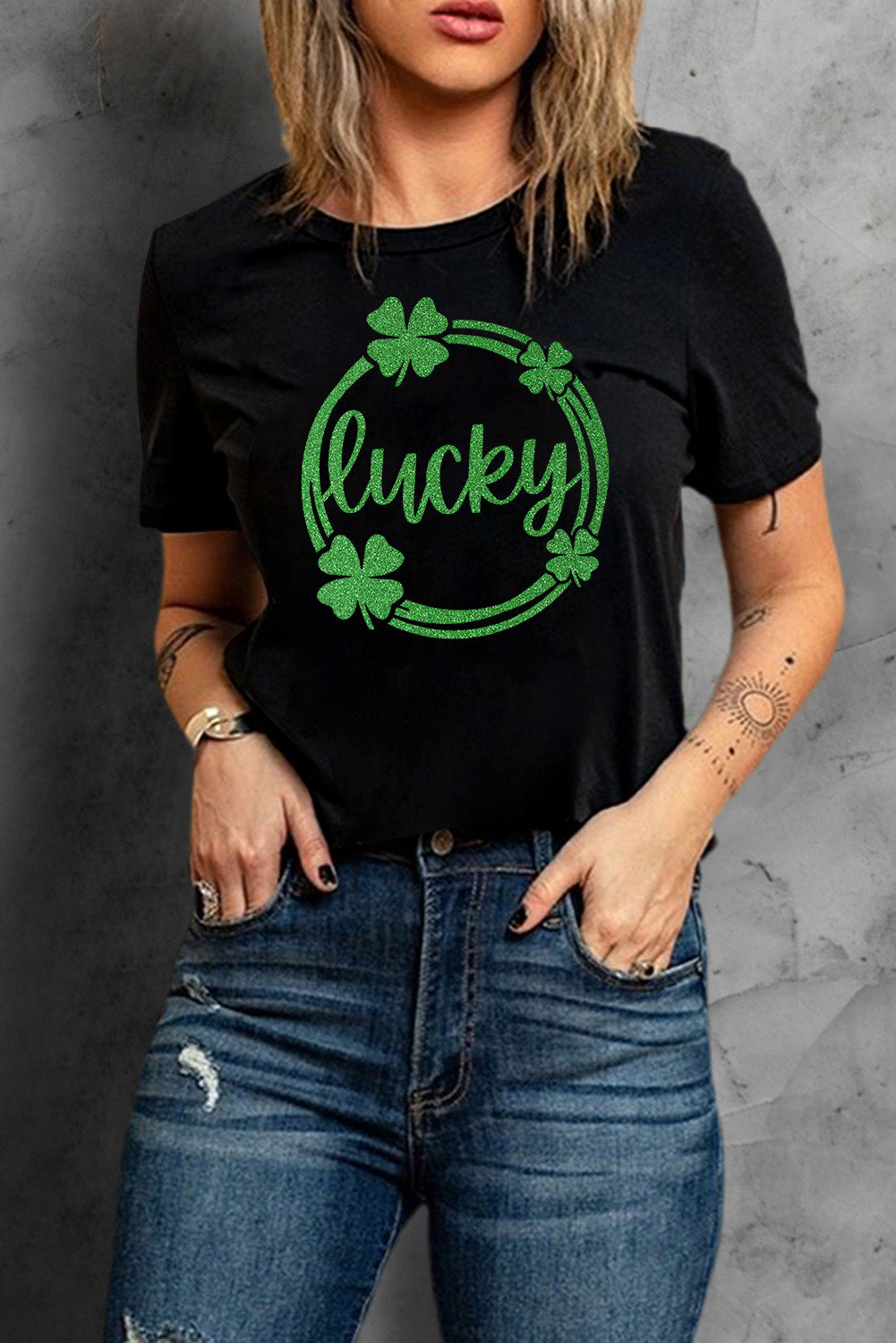 Black St Patrick Sequin Lucky Clover Print Short Sleeve T-shirt Graphic Tees JT's Designer Fashion