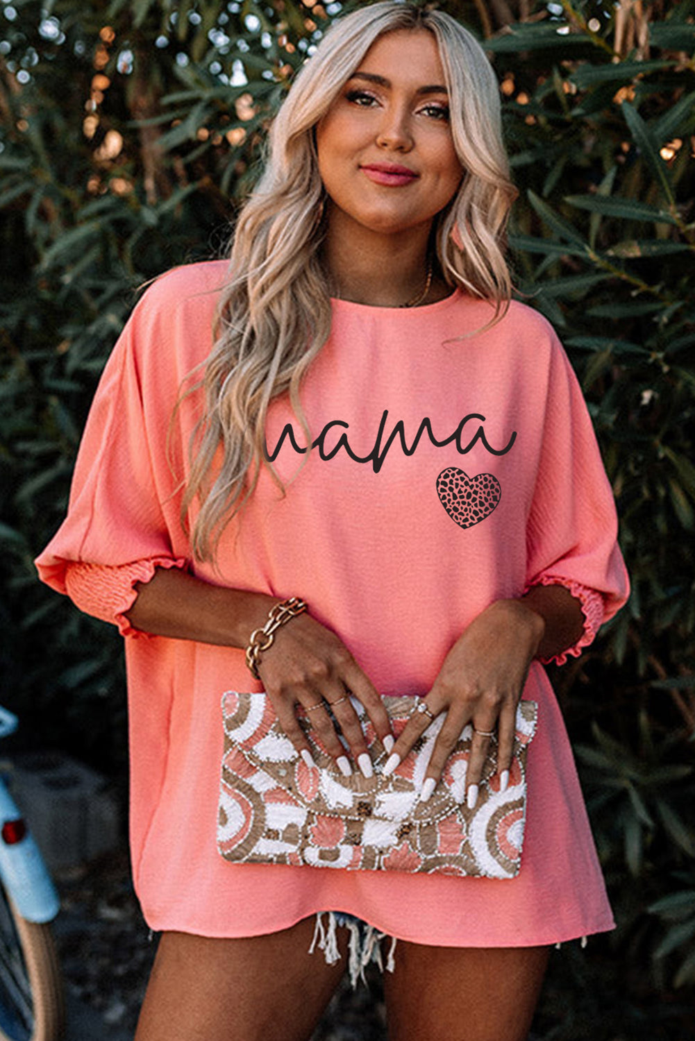 Pink mama Leopard Heart Print Shirred 3/4 Sleeve Top Graphic Tees JT's Designer Fashion