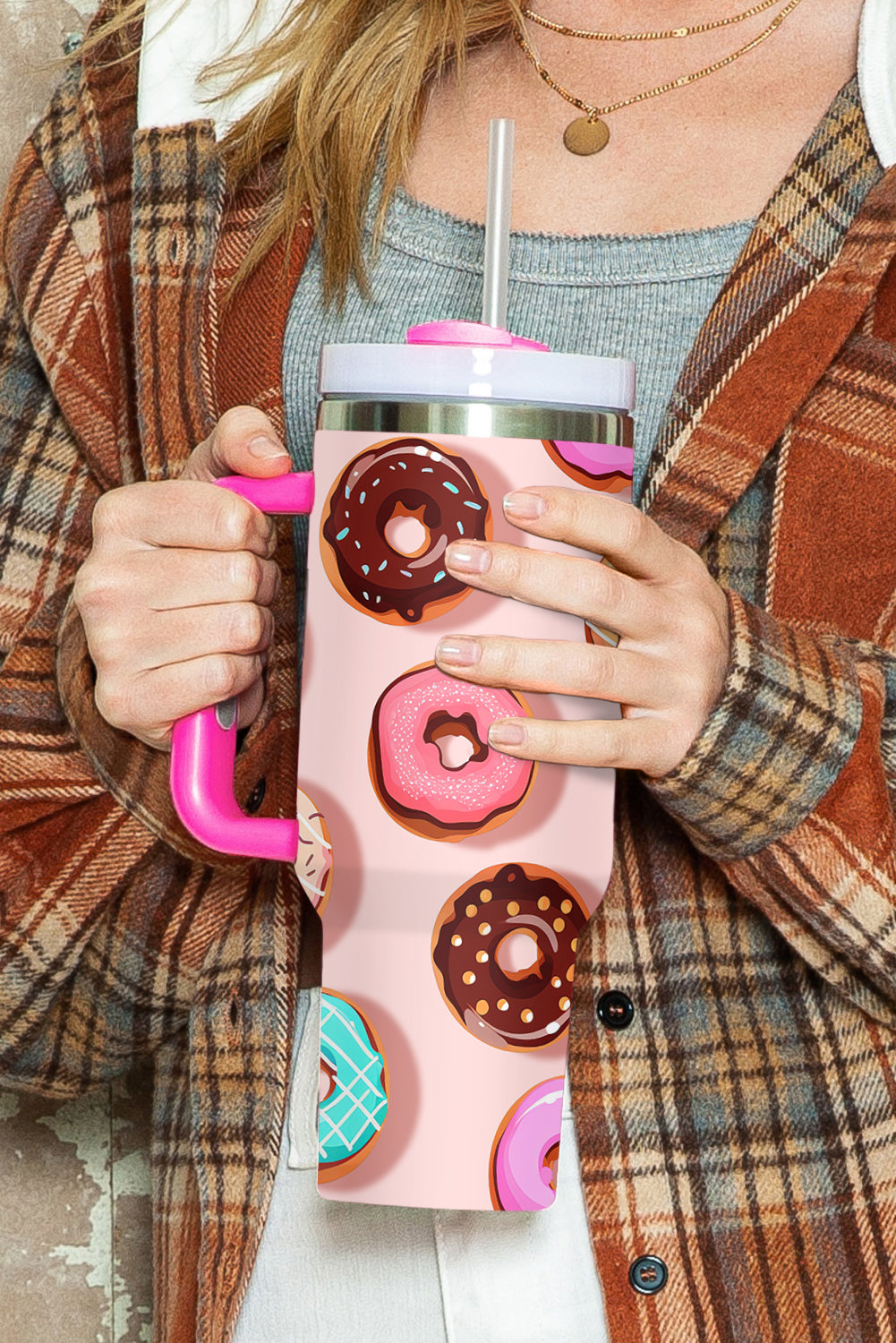 Rose Red Doughnut Pattern Stainless Vacuum Cup with Handle 40oz Tumblers JT's Designer Fashion