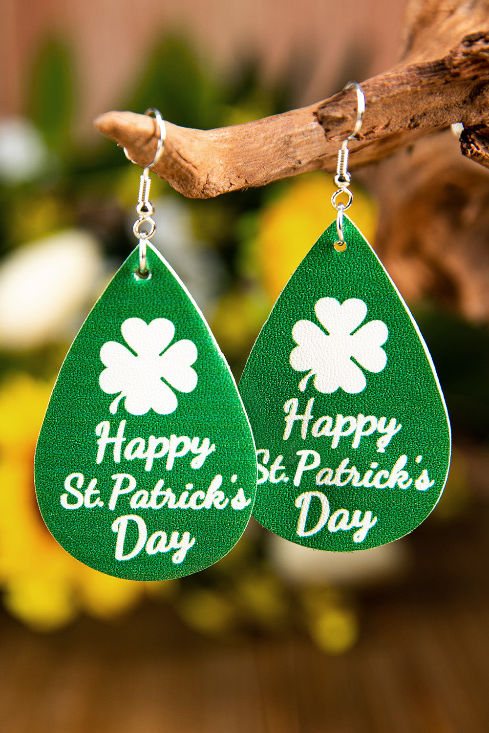 Green Happy St.Patrick's Day Clover Pattern Water Drop Earrings Jewelry JT's Designer Fashion