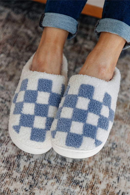 Light Blue Checkered Print Fuzzy Slip On Winter Slippers Slippers JT's Designer Fashion