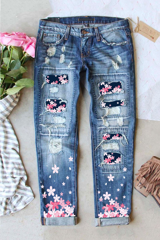 Sky Blue Cherry Blossom Pattern Splicing Mid Waist Distressed Jeans Graphic Pants JT's Designer Fashion