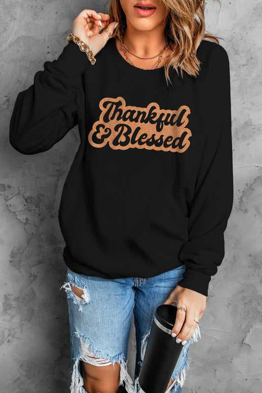 Black Thankful & Blessed Long Sleeve Pullover Sweatshirt Graphic Sweatshirts JT's Designer Fashion