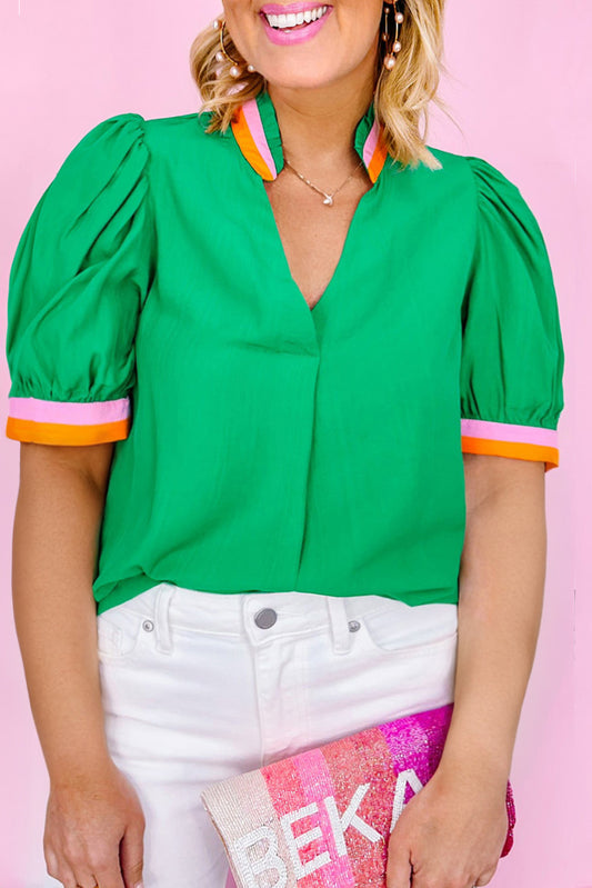 Dark Green Colorblock Bubble Sleeve V Neck Plus Size Blouse Pre Order Plus Size JT's Designer Fashion