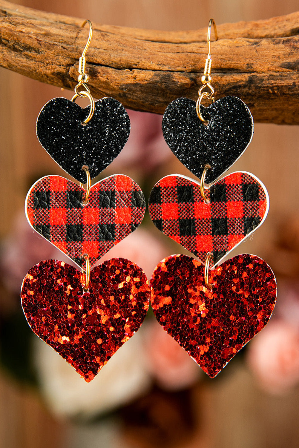 Red Valentine Heart Shape Plaid Sequin Dangle Earrings Jewelry JT's Designer Fashion