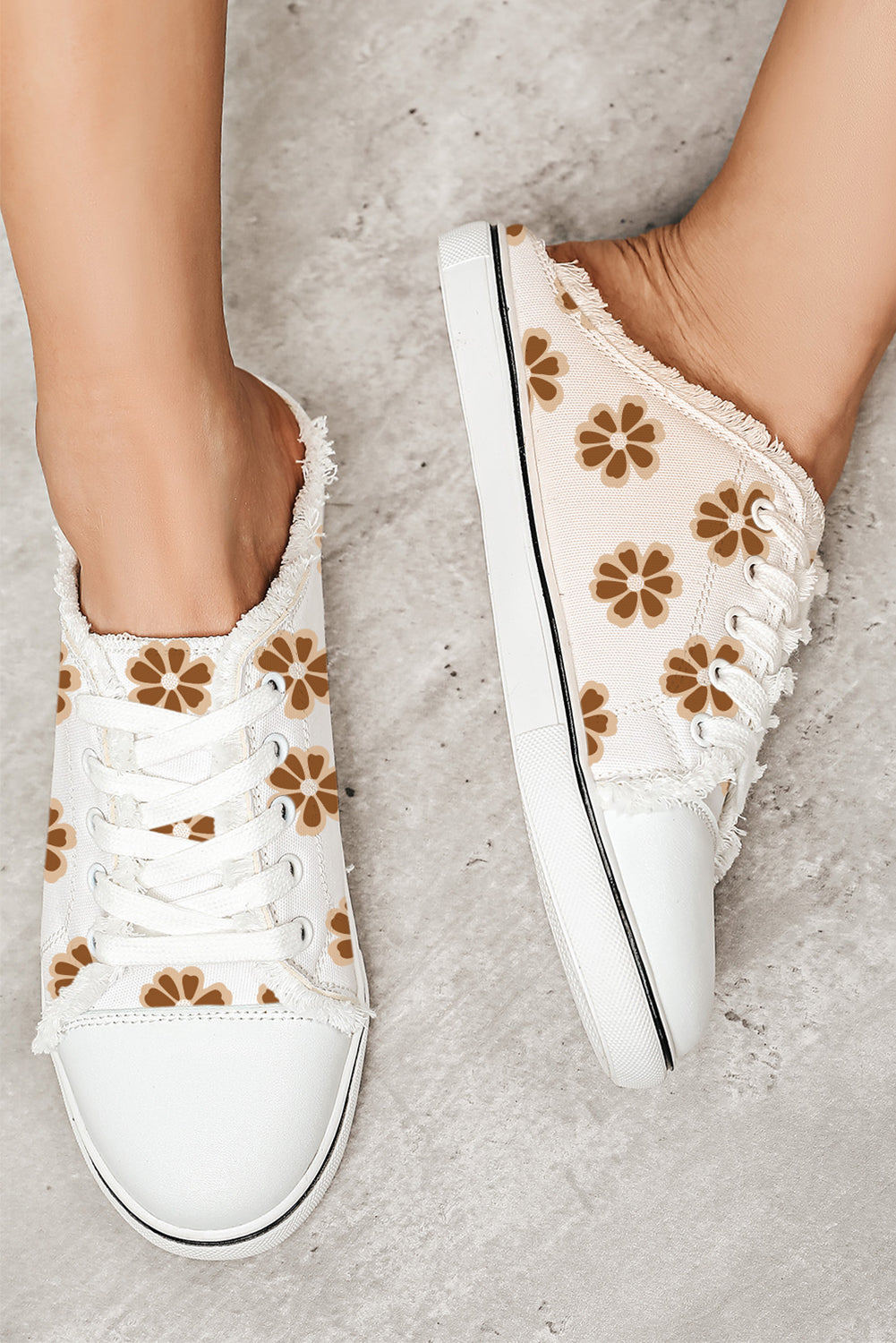 White Flower Print Raw Hem Slip On Canvas Shoes Slippers JT's Designer Fashion