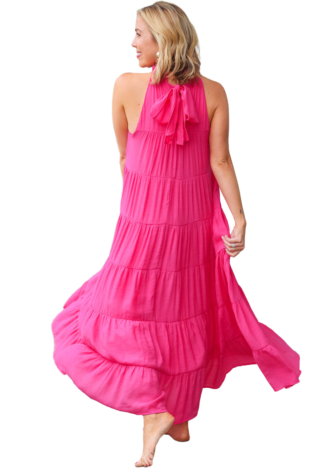 Rose Red High Frilled Neck Tiered Sleeveless Maxi Dress Maxi Dresses JT's Designer Fashion