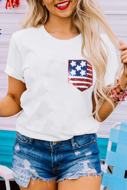 White American Flag Sequin Pocket Patched T Shirt Graphic Tees JT's Designer Fashion