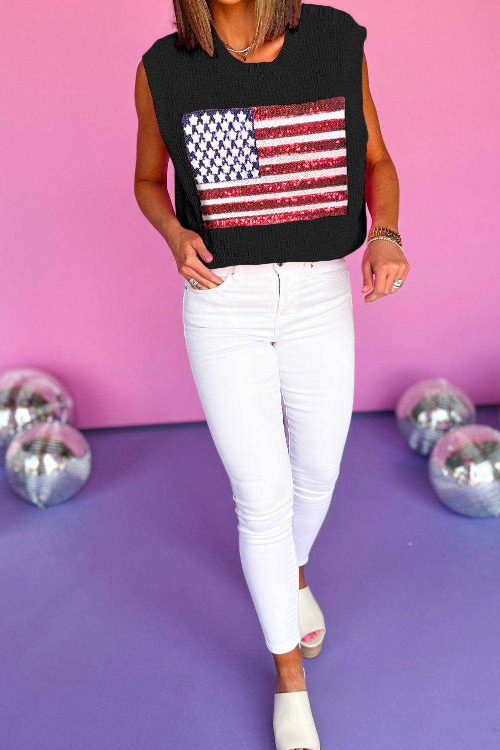 Black American Flag Stud Sequin Pearl Stud Waffle Knit Tank Top Pre Order Tops JT's Designer Fashion