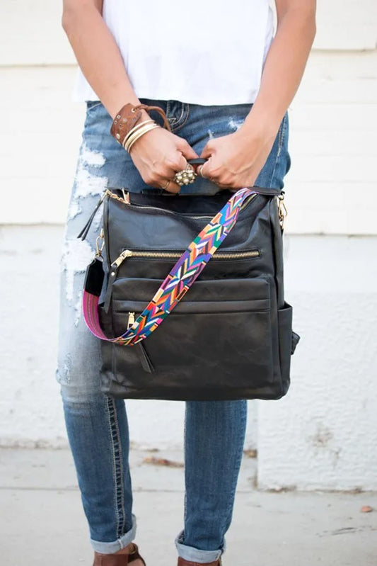 Color black Geometric Crochet Strap PU Leather Large Backpack Backpacks JT's Designer Fashion