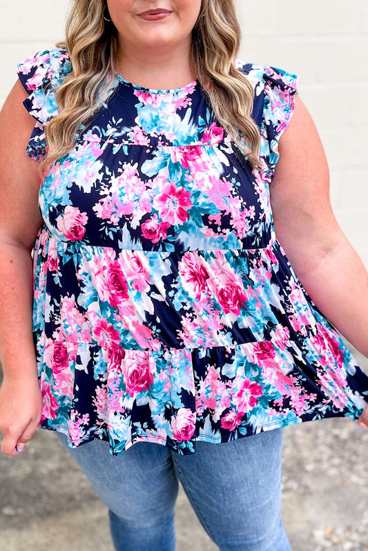 Blue Plus Size Floral Ruffled Tiered Tank Top