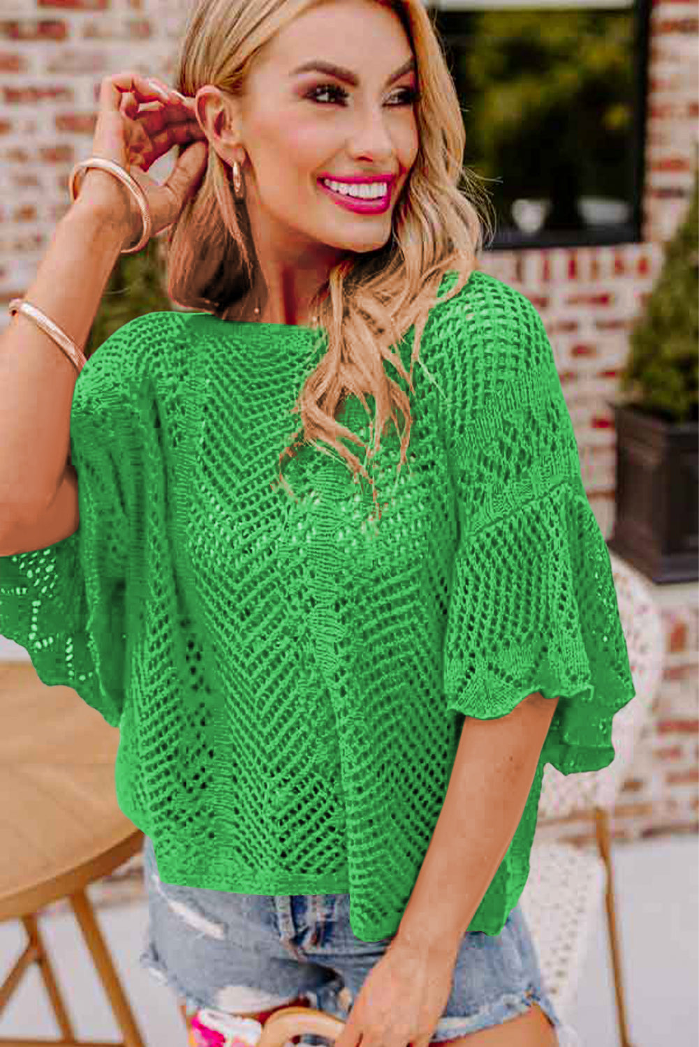 Green Pointelle Knit Scallop Edge Short Sleeve Top Pre Order Tops JT's Designer Fashion