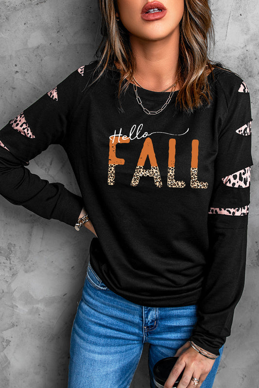 Black FALL Leopard Print Cut Out Long Sleeve Sweatshirt Graphic Sweatshirts JT's Designer Fashion
