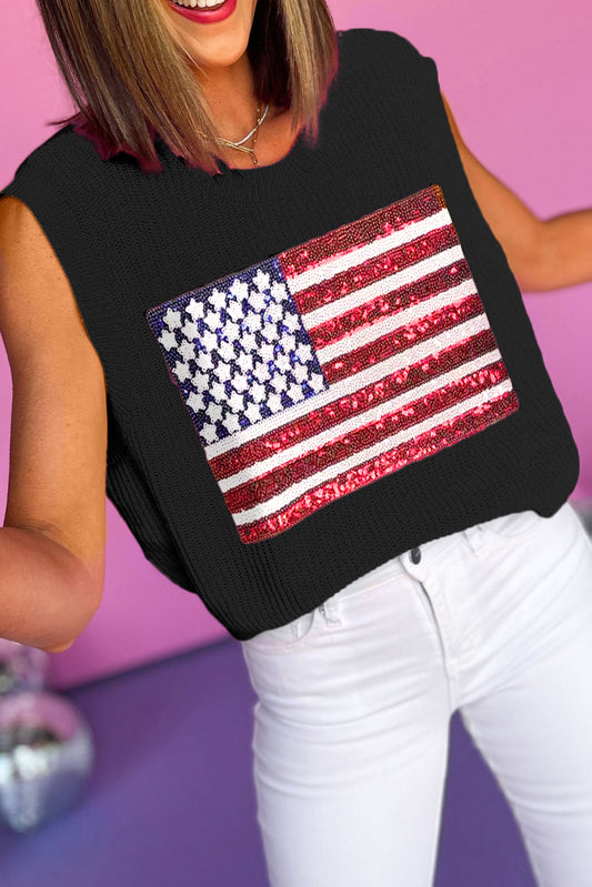 Black American Flag Stud Sequin Pearl Stud Waffle Knit Tank Top Pre Order Tops JT's Designer Fashion
