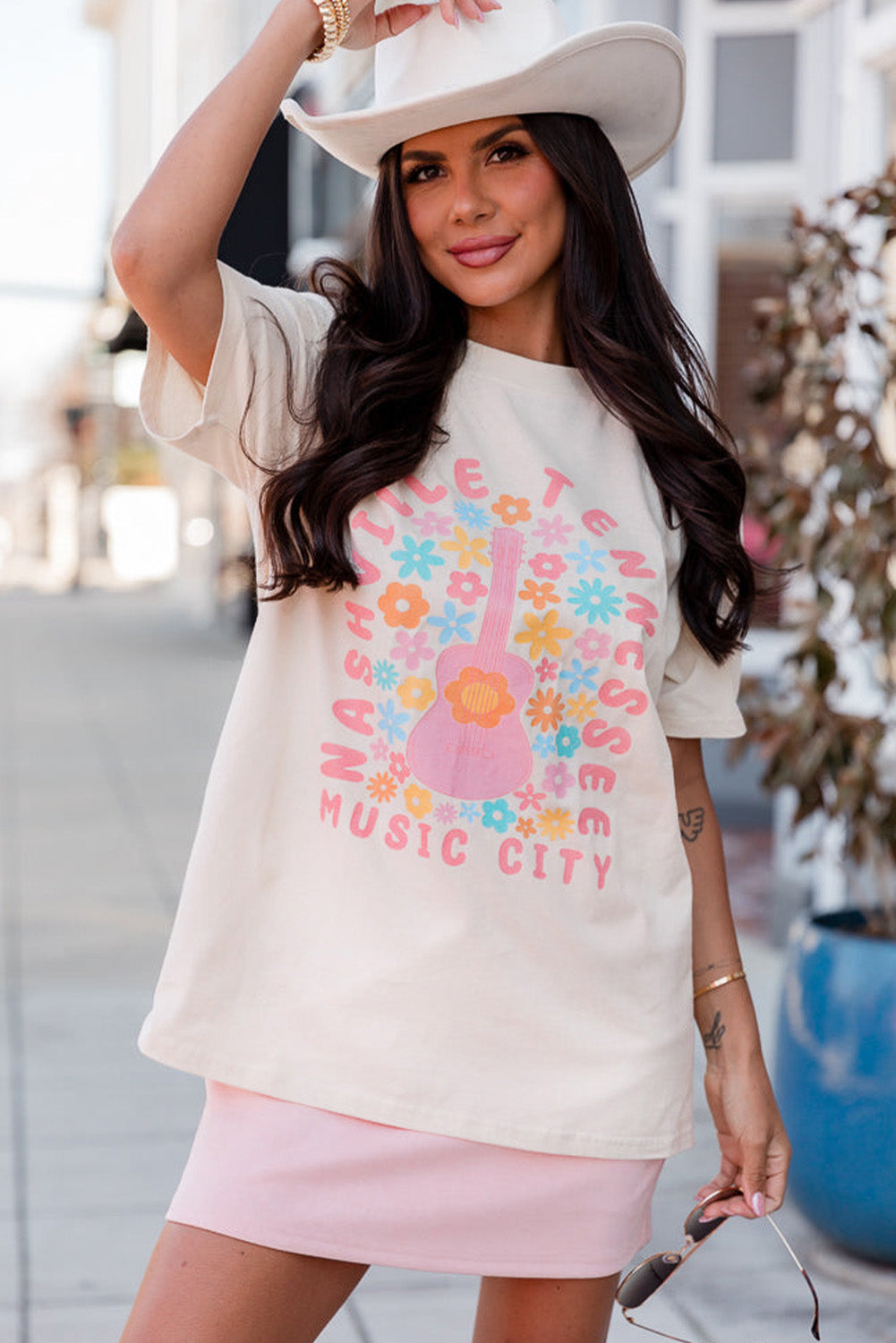 White Floral Guitar NASHVILLE Slogan Graphic T Shirt Graphic Tees JT's Designer Fashion