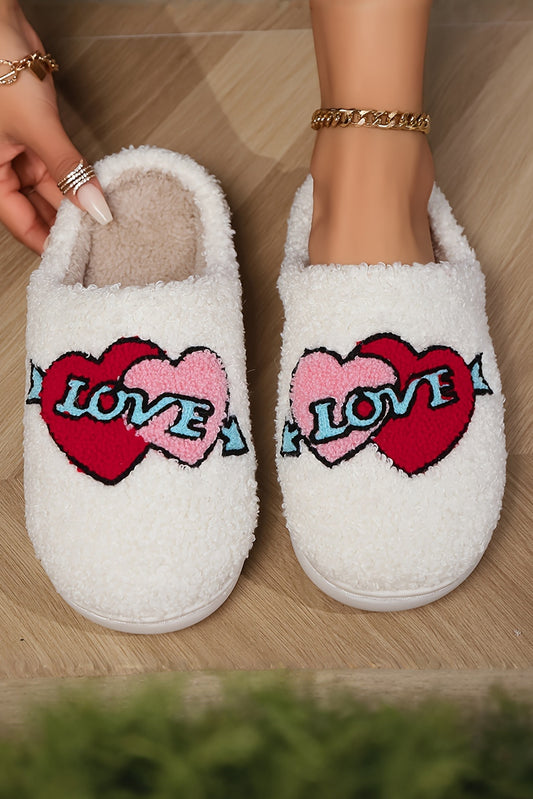 White Valentines Double Heart Graphic Winter Plush Slipper Slippers JT's Designer Fashion
