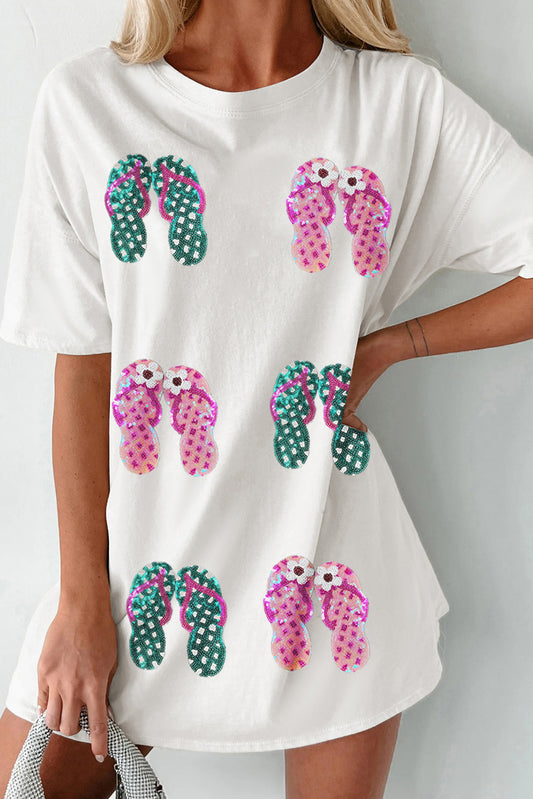 White Sequin Flip Flops Graphic Tunic T Shirt Graphic Tees JT's Designer Fashion