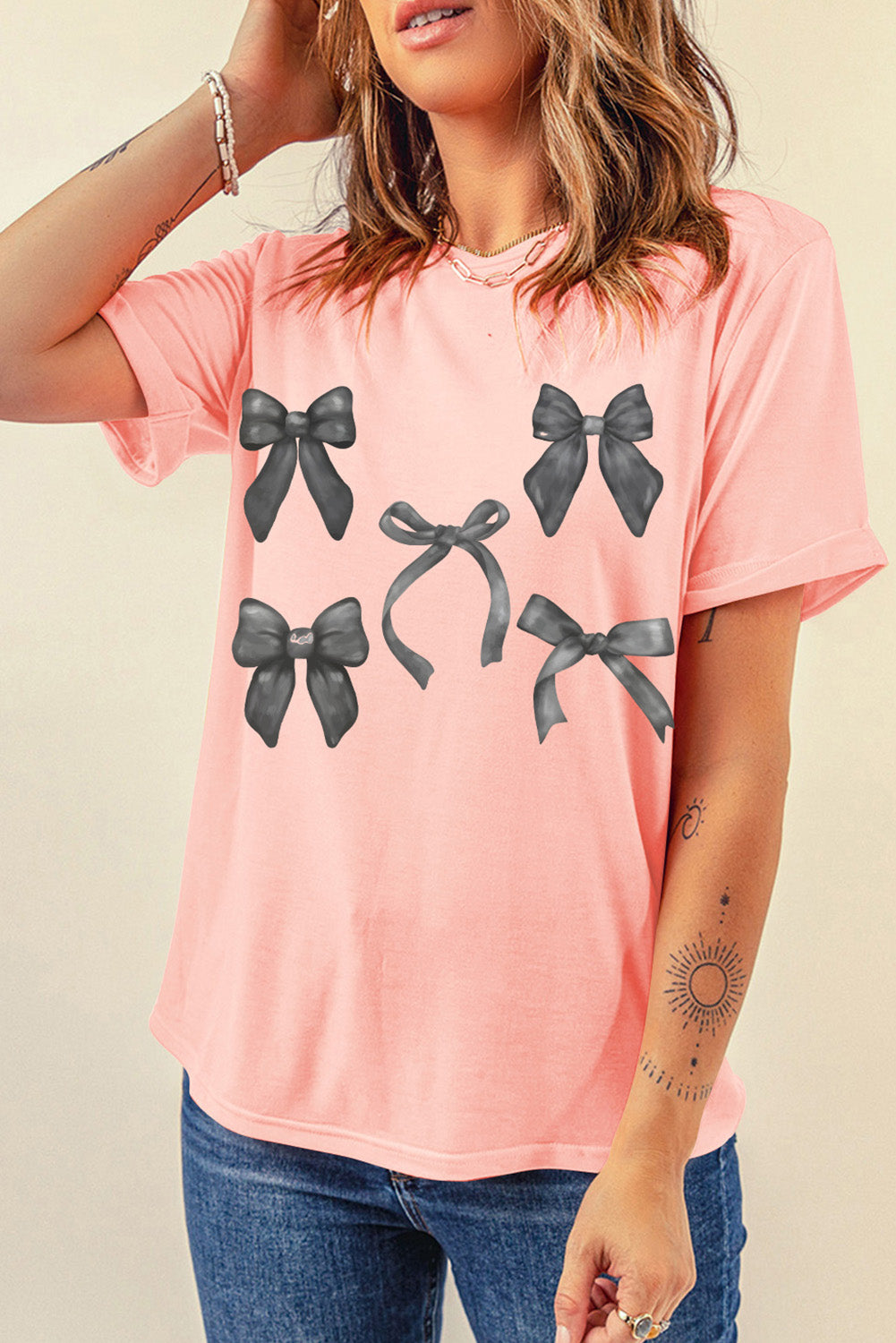 Pink Bow Knots Print Slim Fit Crew Neck T Shirt Graphic Tees JT's Designer Fashion