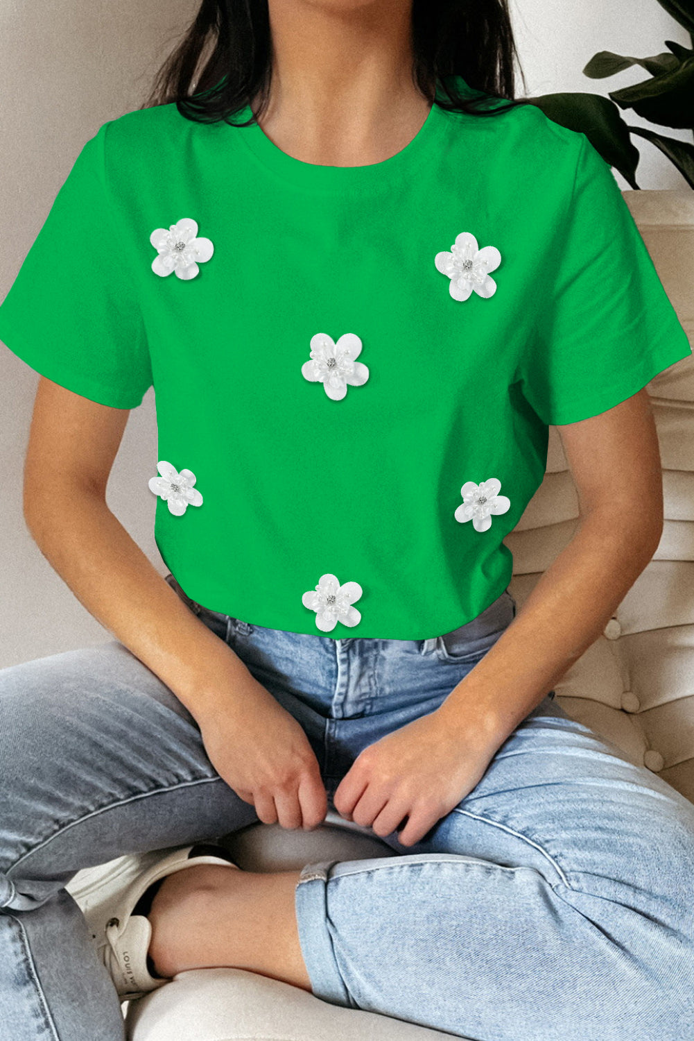 Bright Green Flower Applique Round Neck T-shirt Pre Order Tops JT's Designer Fashion