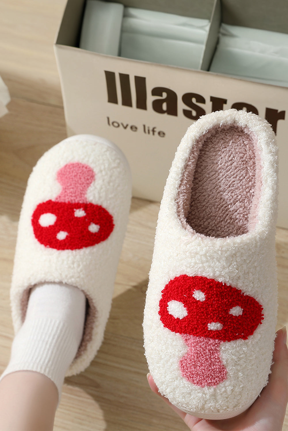 White Cute Cartoon Mushroom Graphic Fuzzy Winter Slippers Slippers JT's Designer Fashion