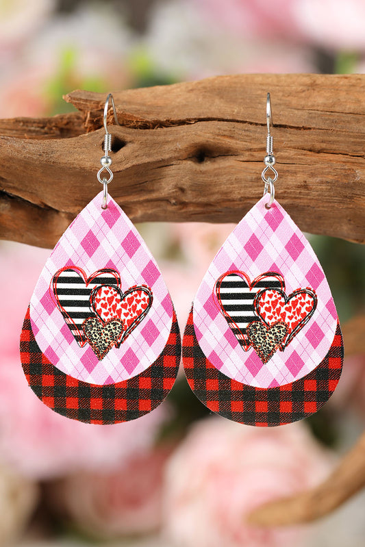 Pink Valentine's Day Heart & Plaid Print Layered Earrings Jewelry JT's Designer Fashion