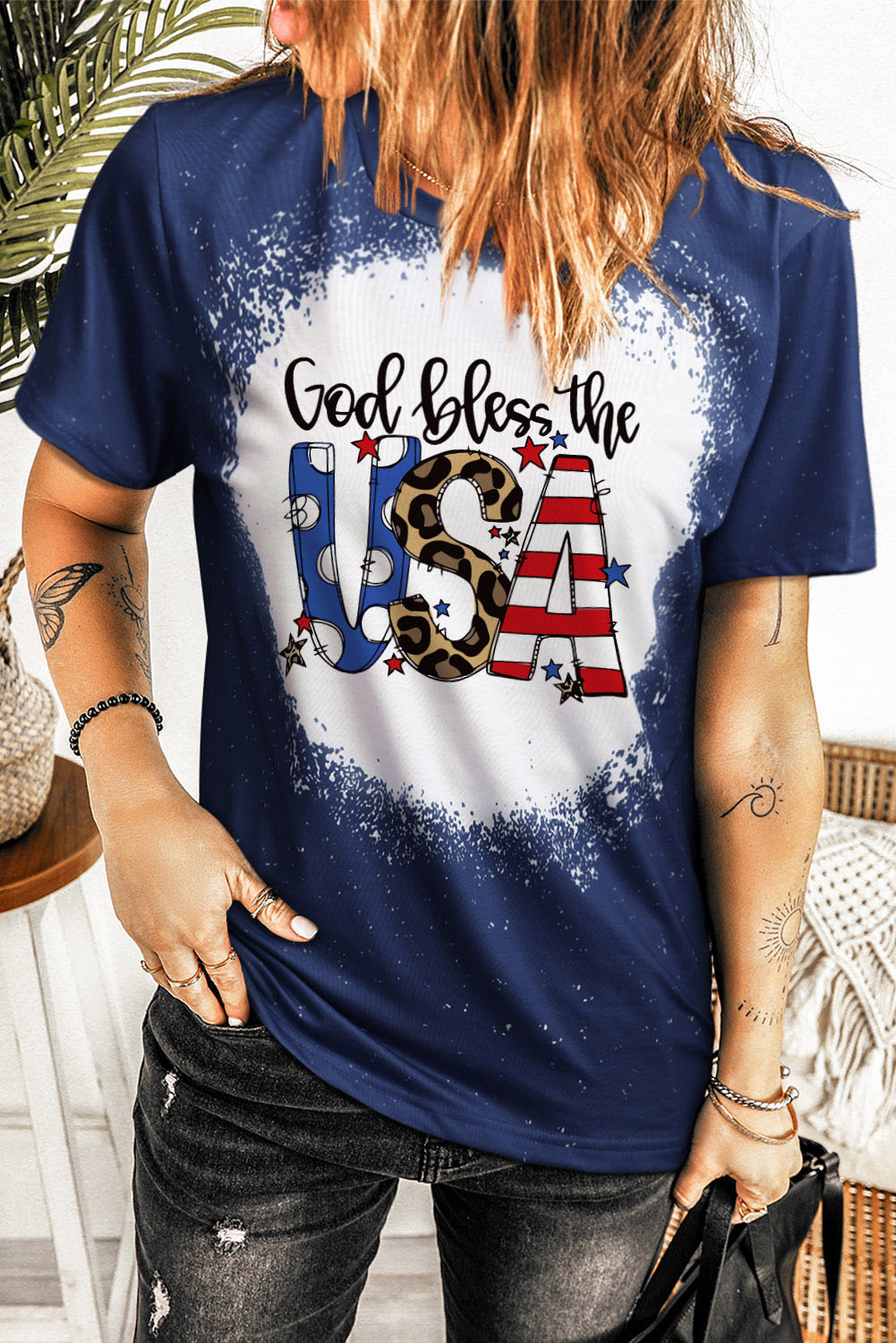 Blue God Bless the USA Print Tie Dye T-Shirt Graphic Tees JT's Designer Fashion