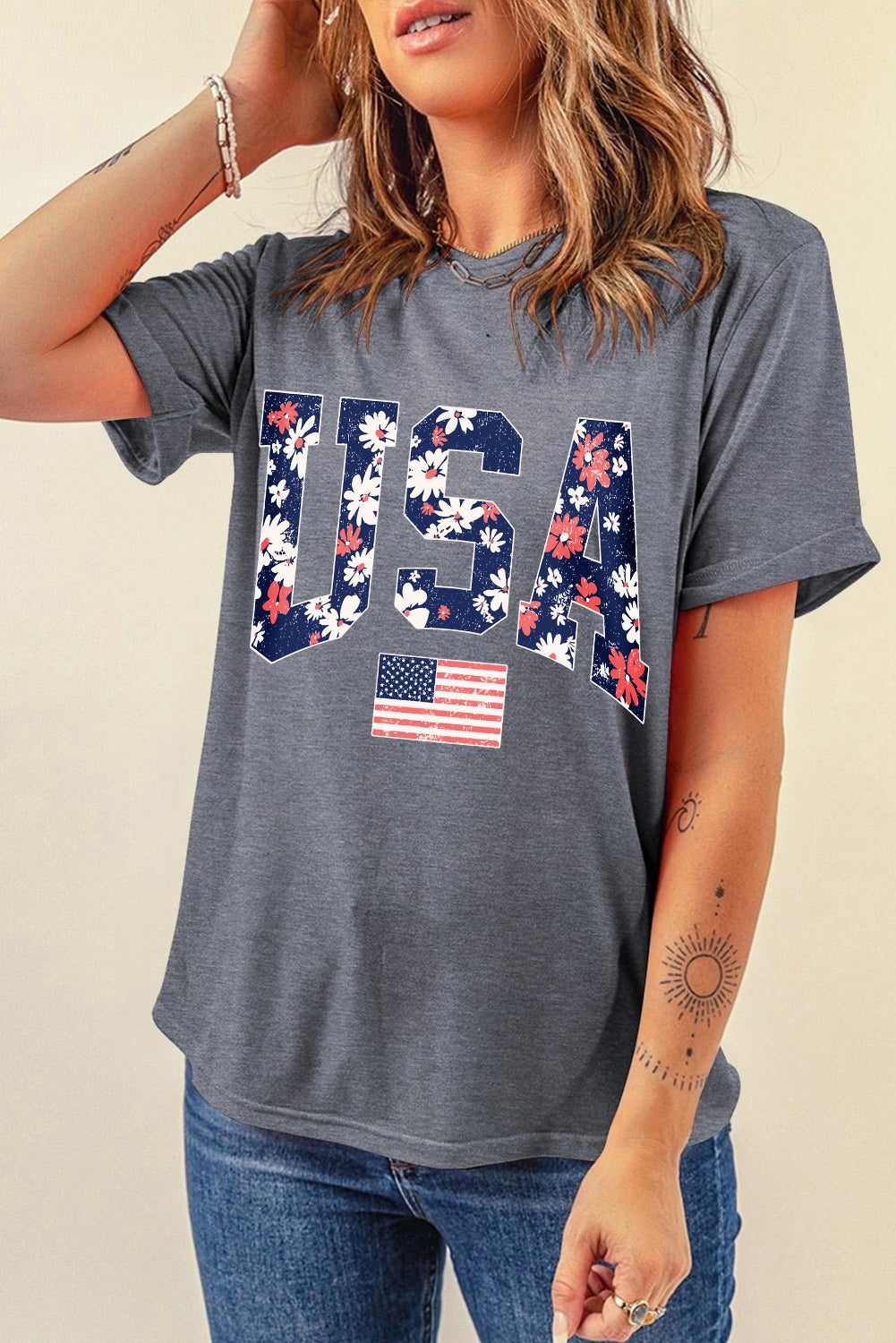 Gray Blooming USA Flag Print Casual T Shirt Graphic Tees JT's Designer Fashion