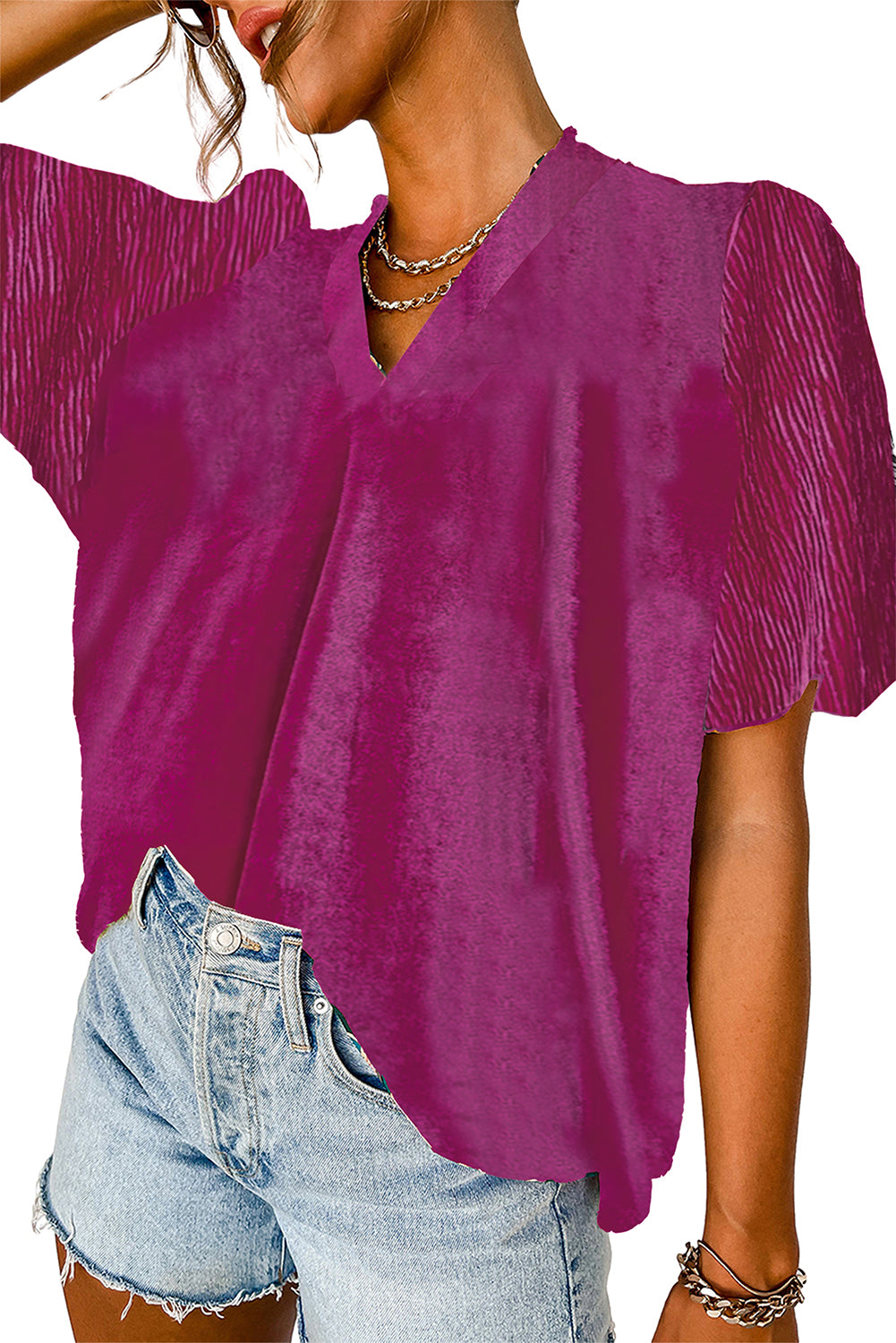 Bright Pink Pleated Bubble Short Sleeve V Neck Velvet Top Blouses & Shirts JT's Designer Fashion