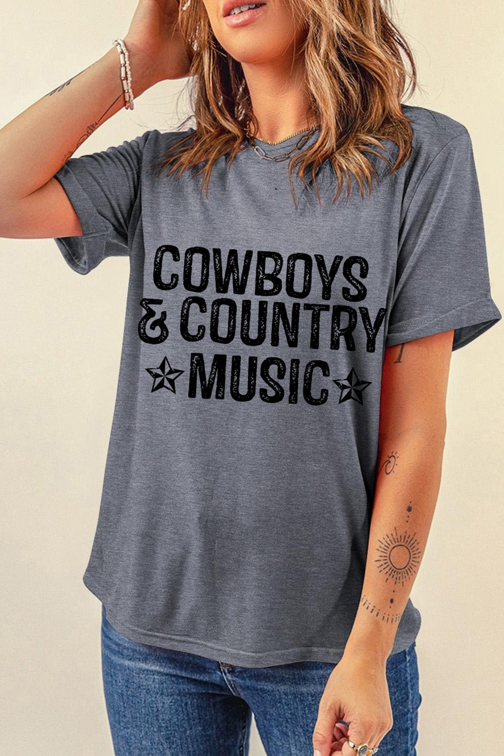 Gray COWBOYS COUNTRY MUSIC Graphic T Shirt Graphic Tees JT's Designer Fashion