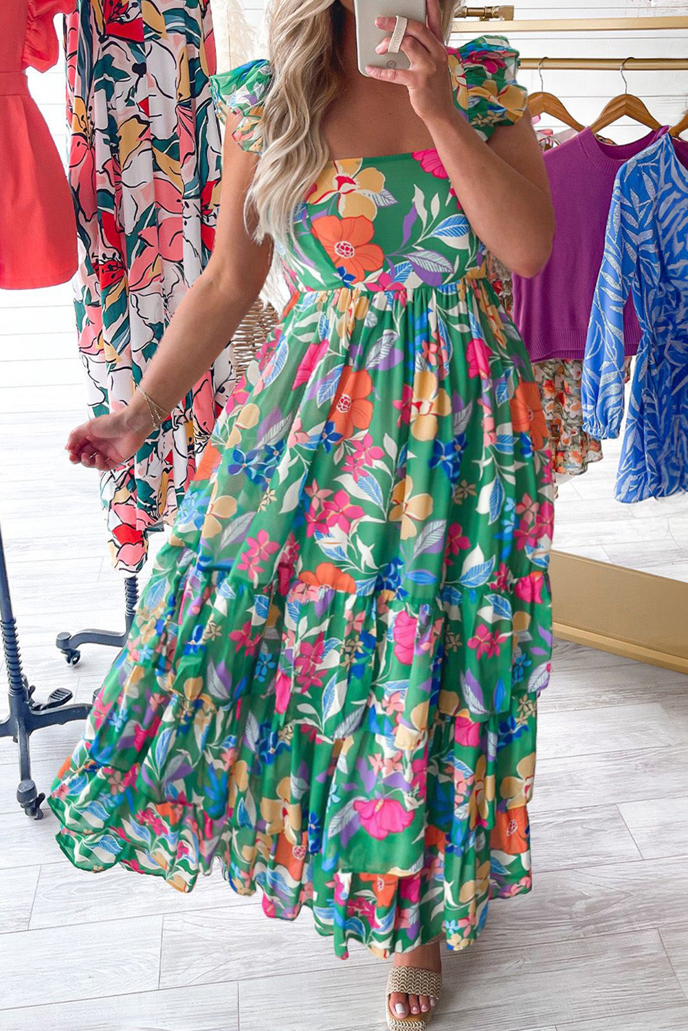 Green Plus Floral Smocked Back Tiered Maxi Dress Pre Order Plus Size JT's Designer Fashion