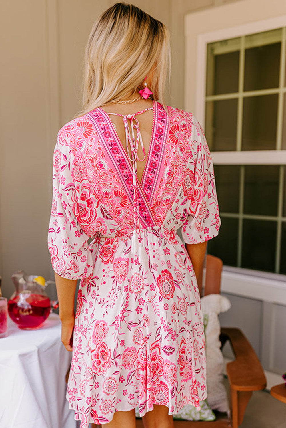 Pink Boho Floral V Neck Tie Waist Half Sleeve Mini Dress Pre Order Dresses JT's Designer Fashion